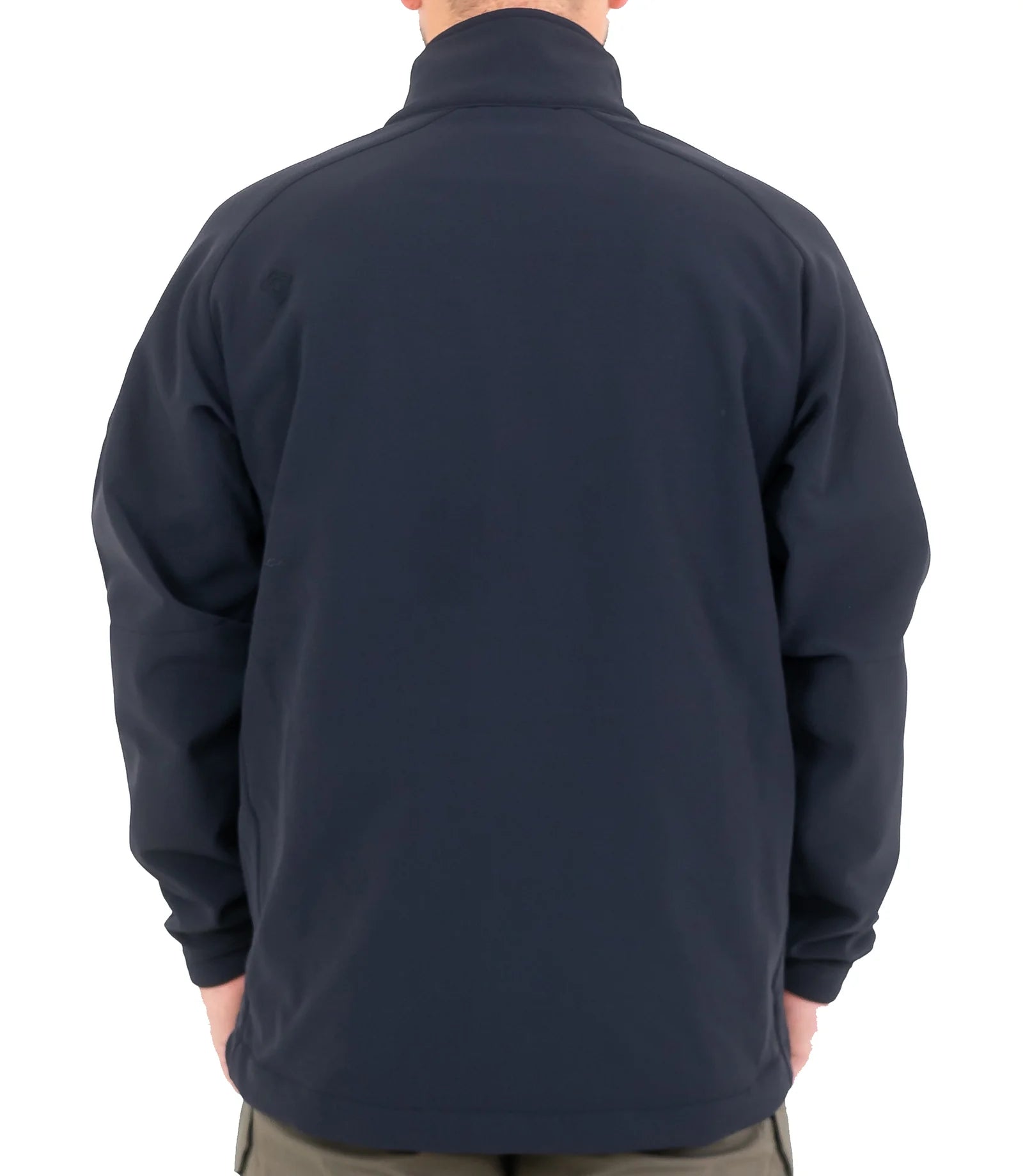 Navy blue jacket worn by a person on a white background