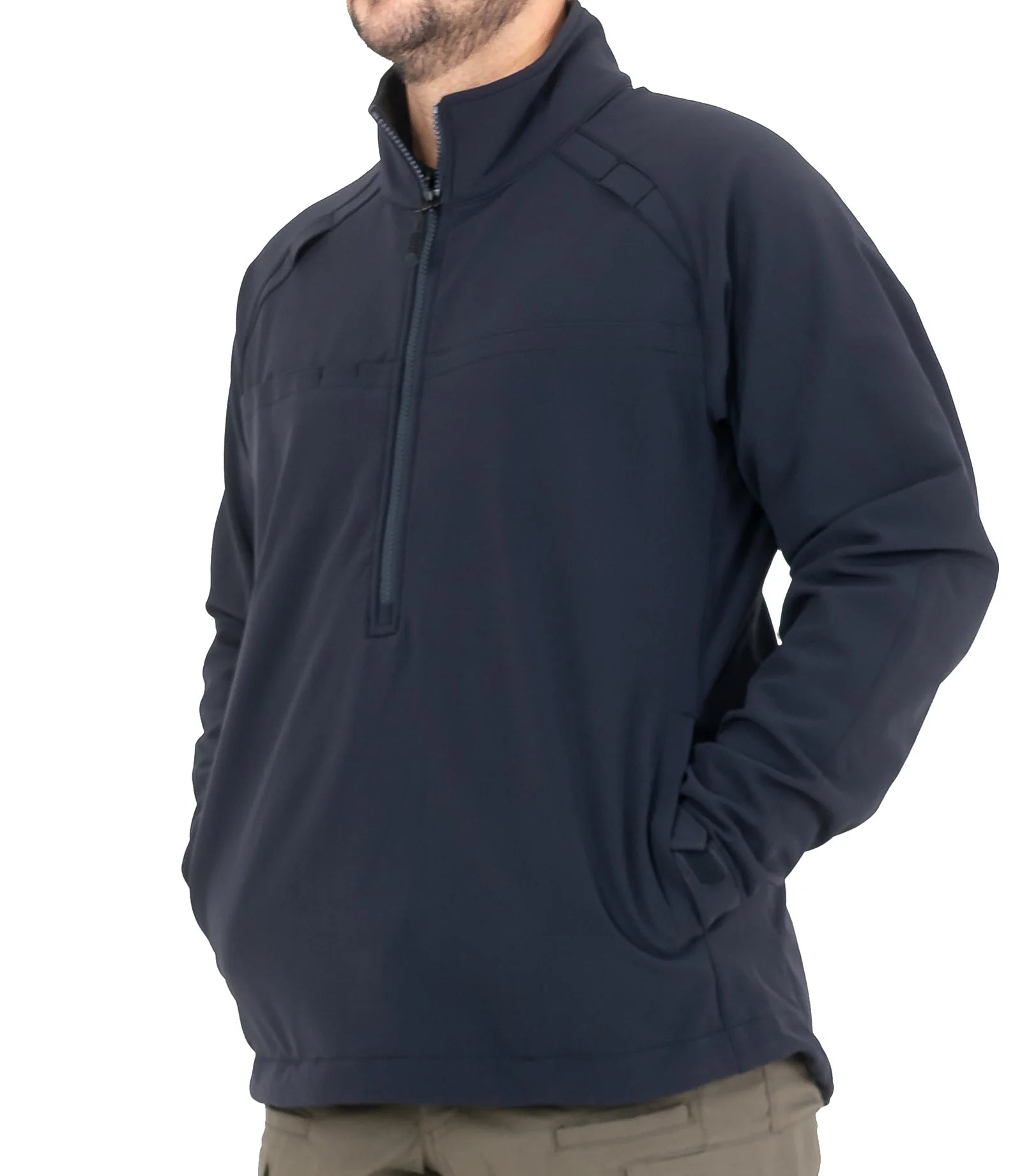 Navy pullover with a quarter zip on a white background