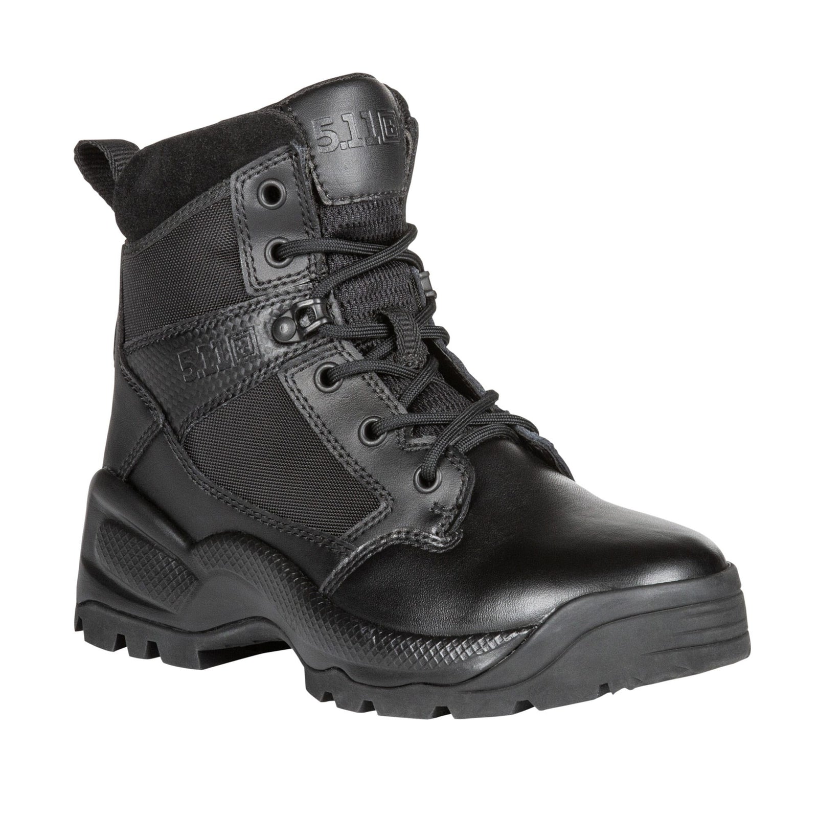Black tactical boot with brand logo on a white background