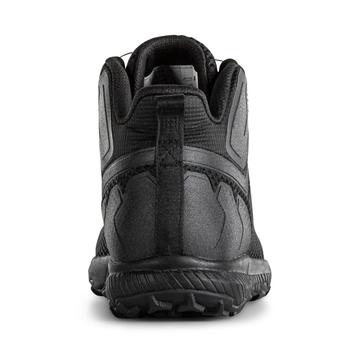 Black hiking boot with a rugged sole on a white background