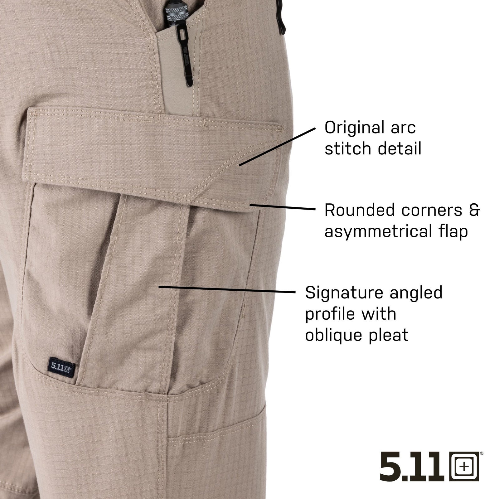 Beige pants with text labels detailing design features, featuring the 5.11 brand.