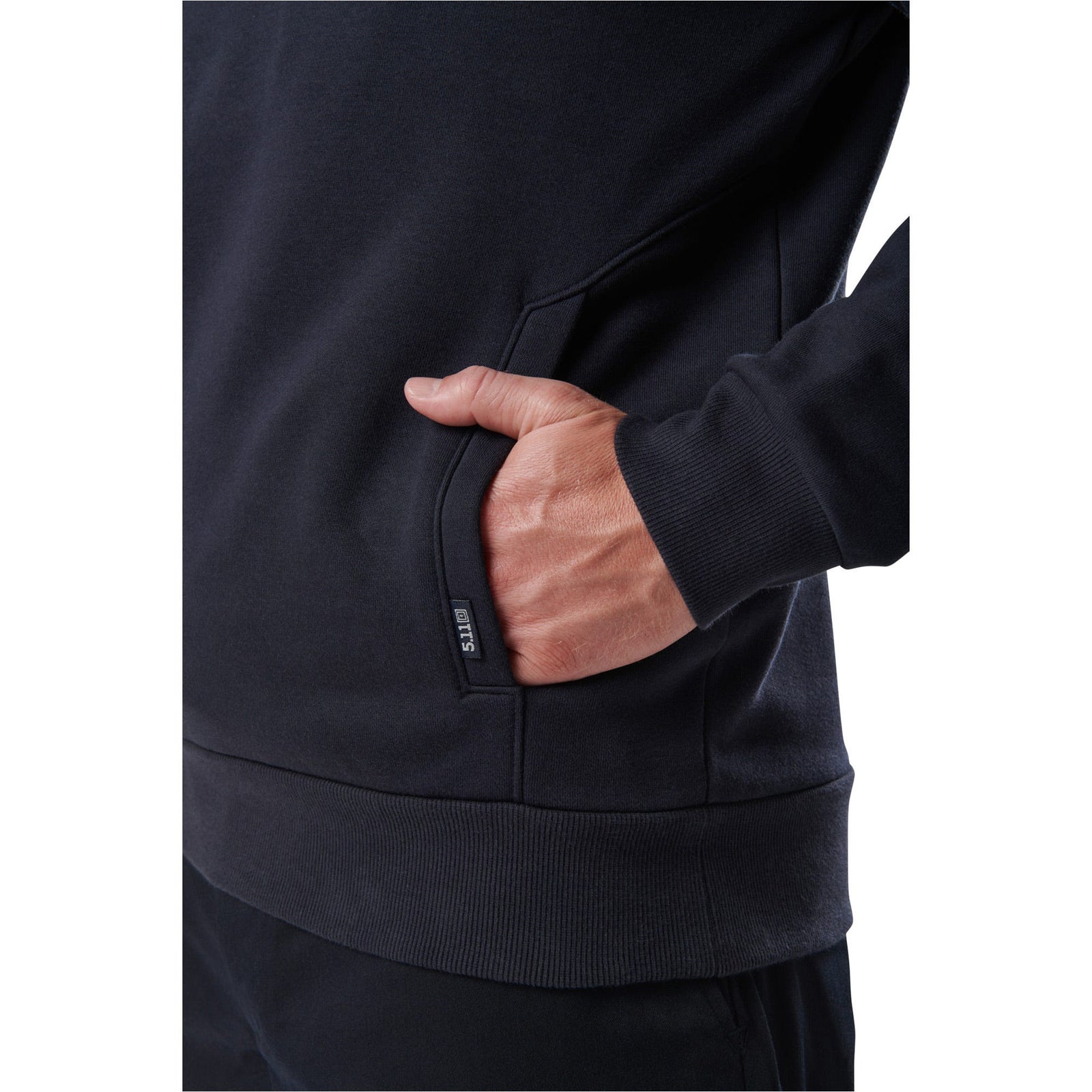 Navy blue sweatshirt with a hand in the pocket on a white background