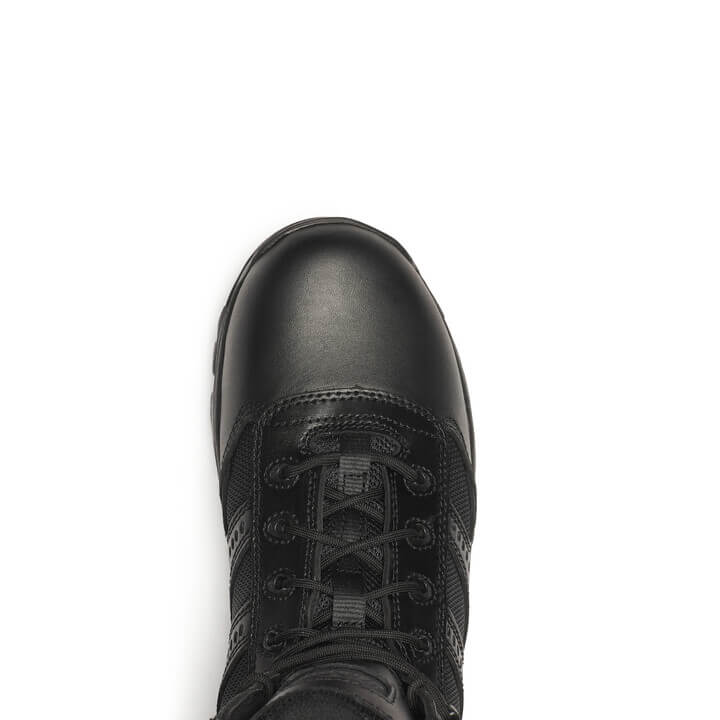 Black leather boot with lace-up design on a white background