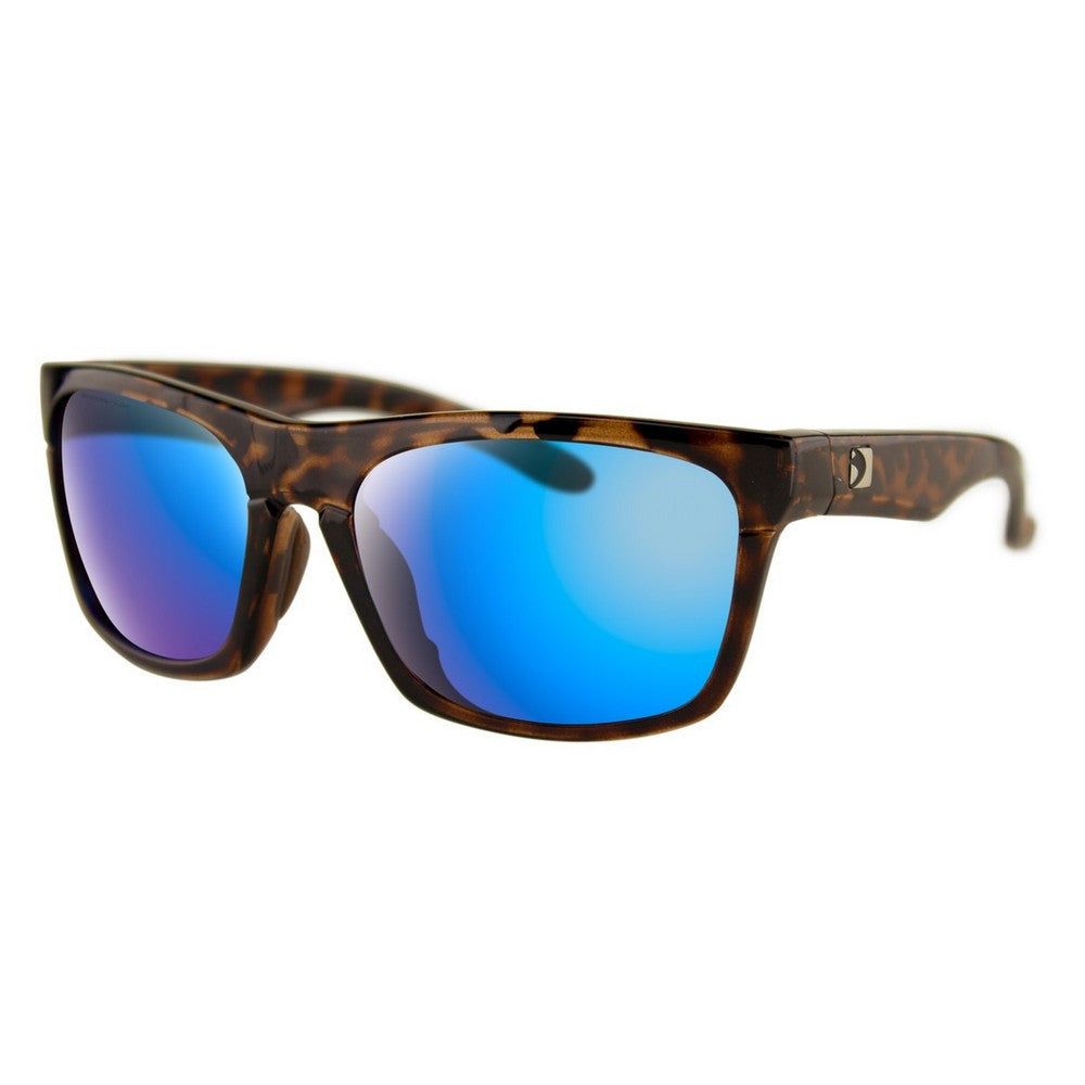 Sunglasses with tortoiseshell frame and blue reflective lenses on a white background