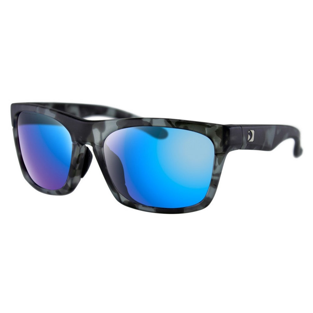 Sunglasses with blue reflective lenses on a white background
