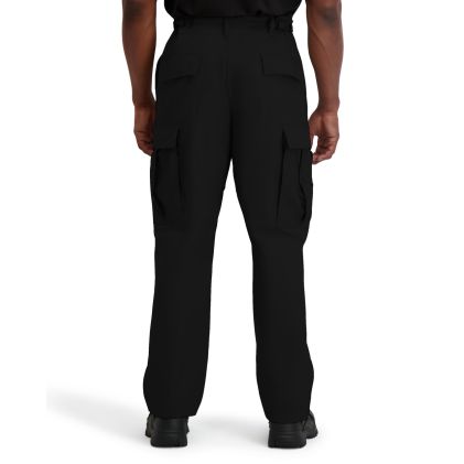 Black cargo pants worn by a person on a white background