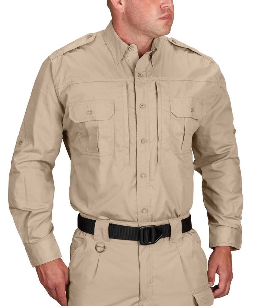 Person wearing a beige field jacket with a white background