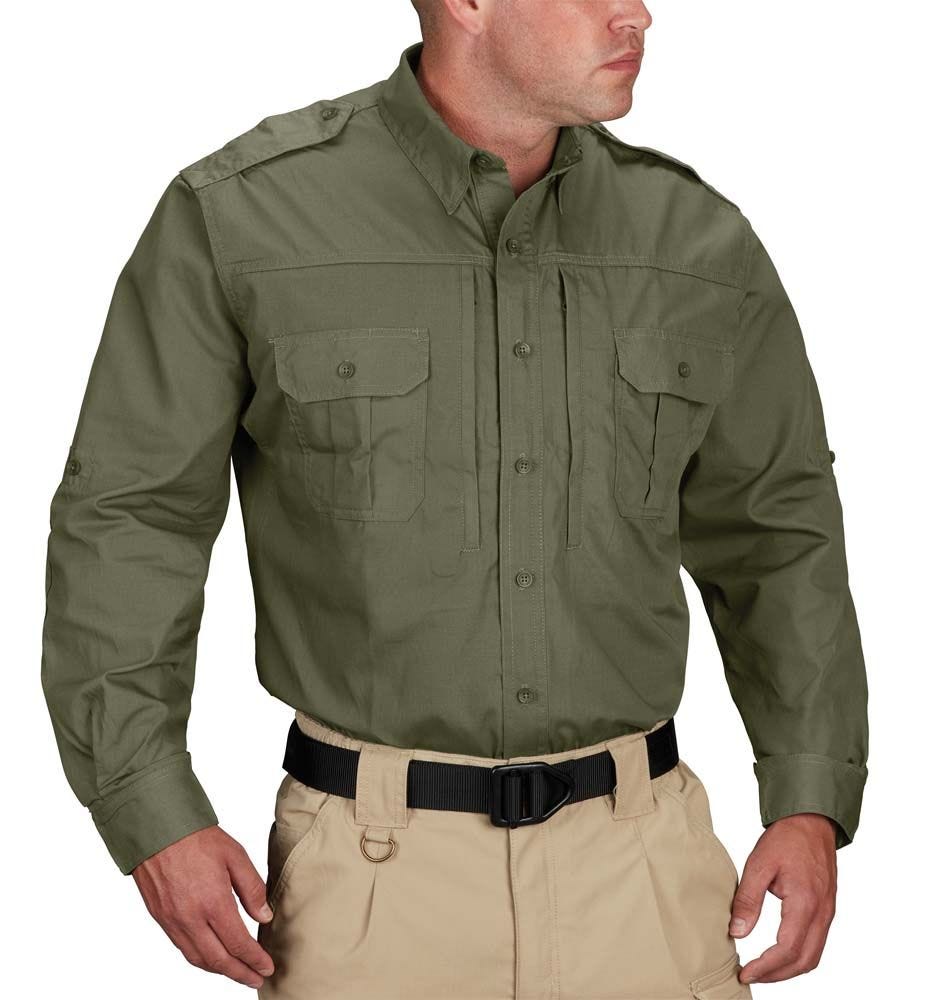 Person wearing a green military-style shirt with pockets on a white background