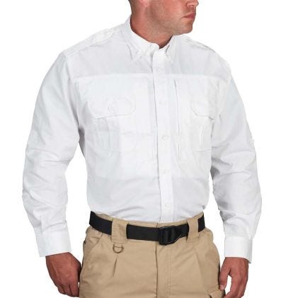 Man wearing a white dress shirt and beige pants on a white background