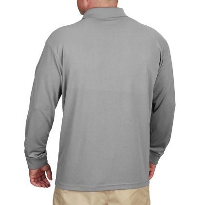 Gray long-sleeve shirt worn by a person on a white background