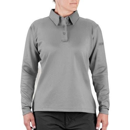 Gray long-sleeve polo shirt worn by a person on a white background
