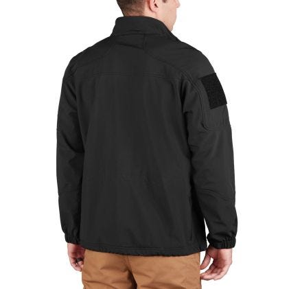 Black jacket with a patch on the sleeve worn by a person, on a white background
