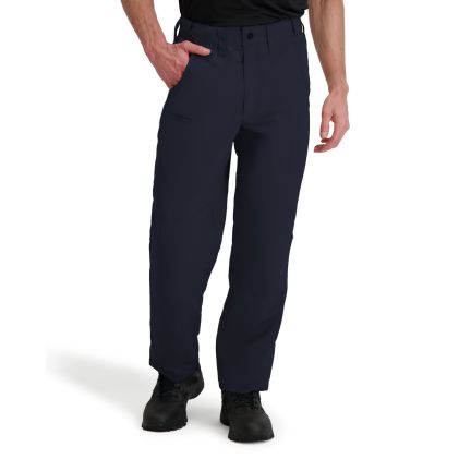 Navy pants worn by a person on a white background