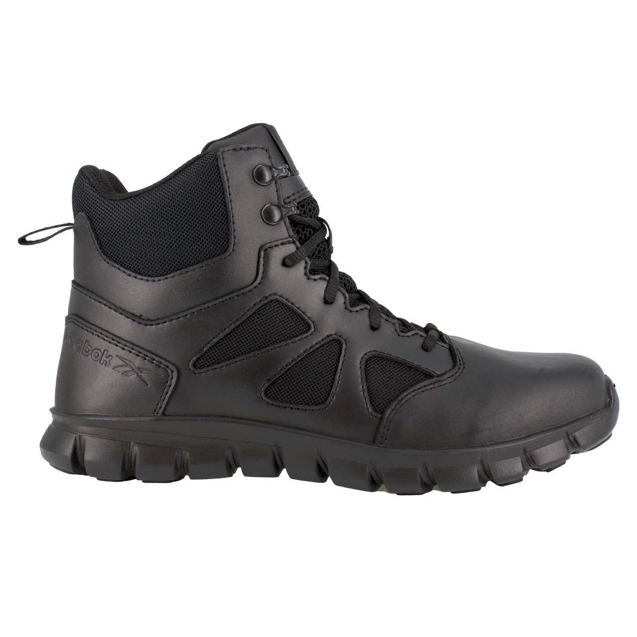 Black high-top sneaker with Reebok logo on a white background