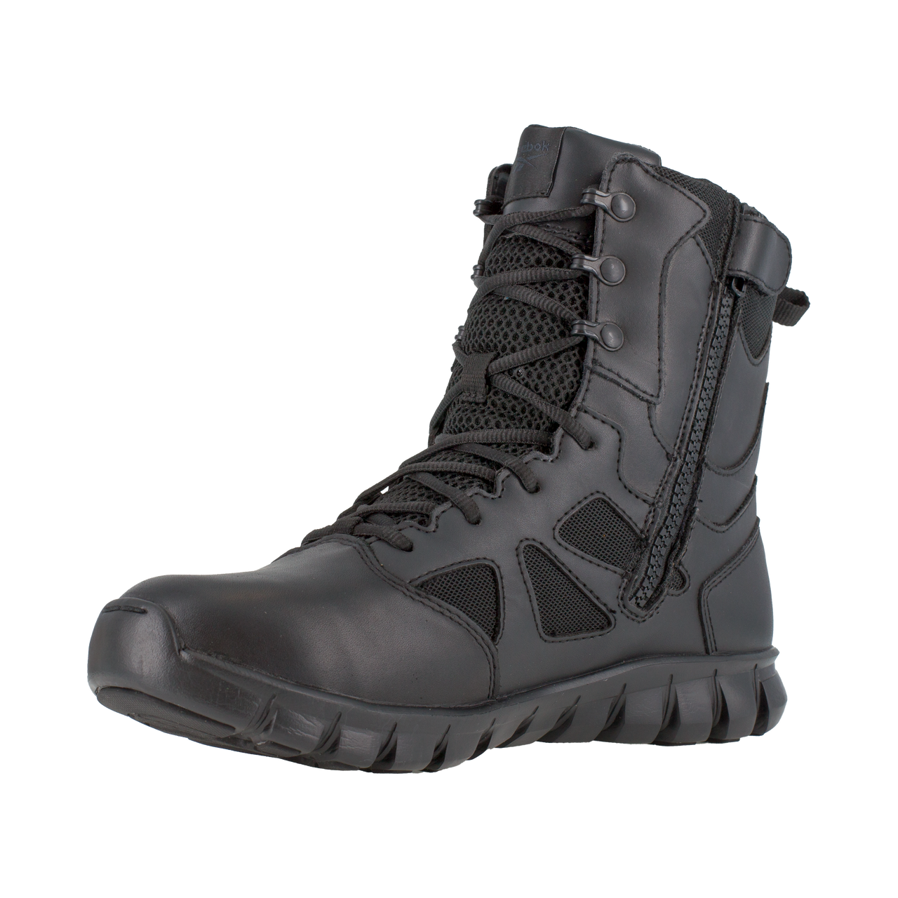 Black tactical boot on a white background