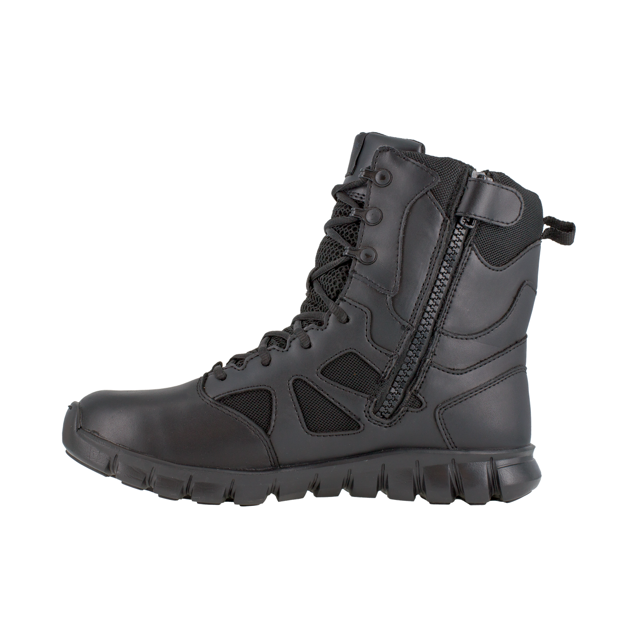 Black tactical boot with zipper on a white background