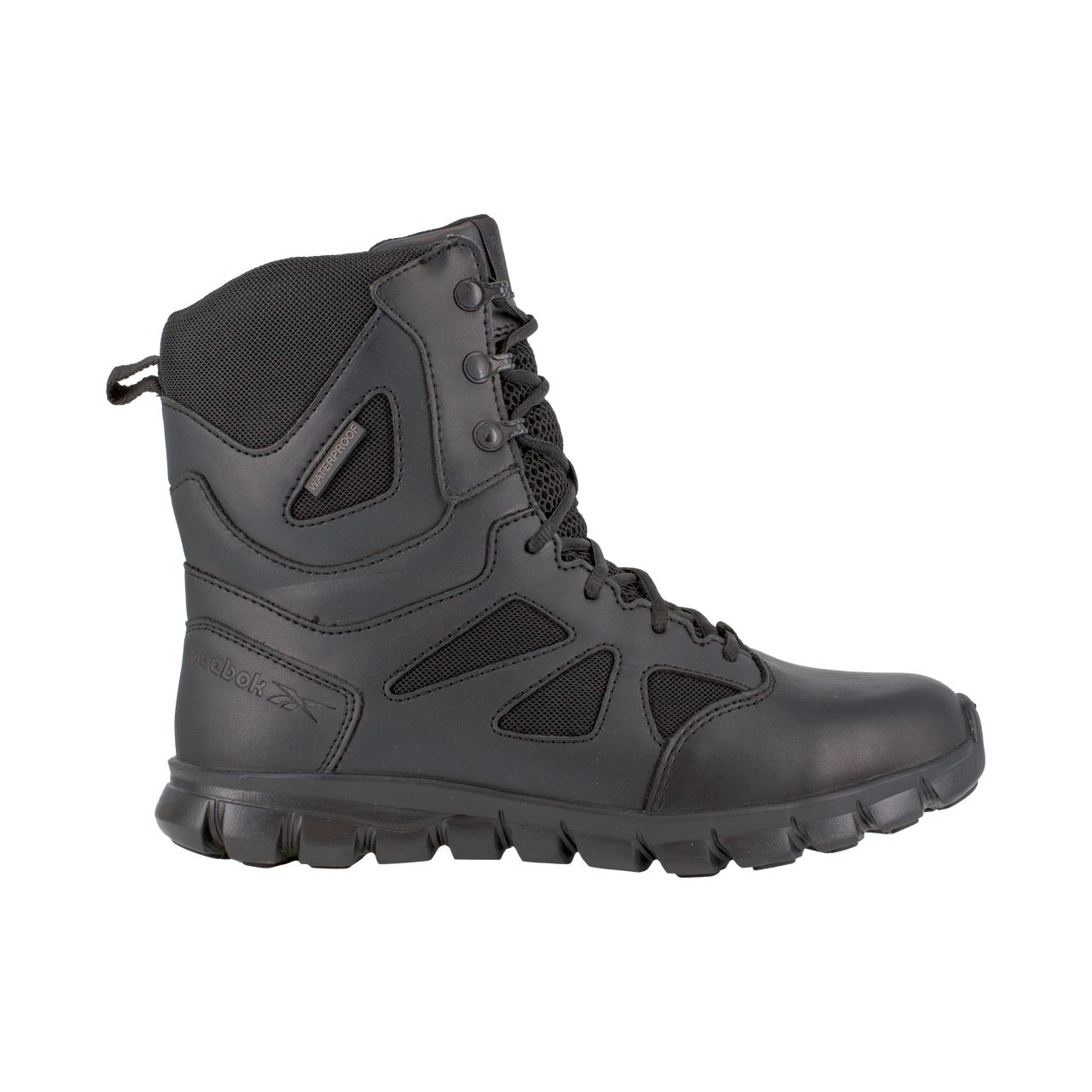 Black tactical boot on a white background