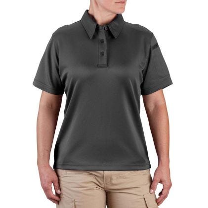 Person wearing a dark gray polo shirt on a white background