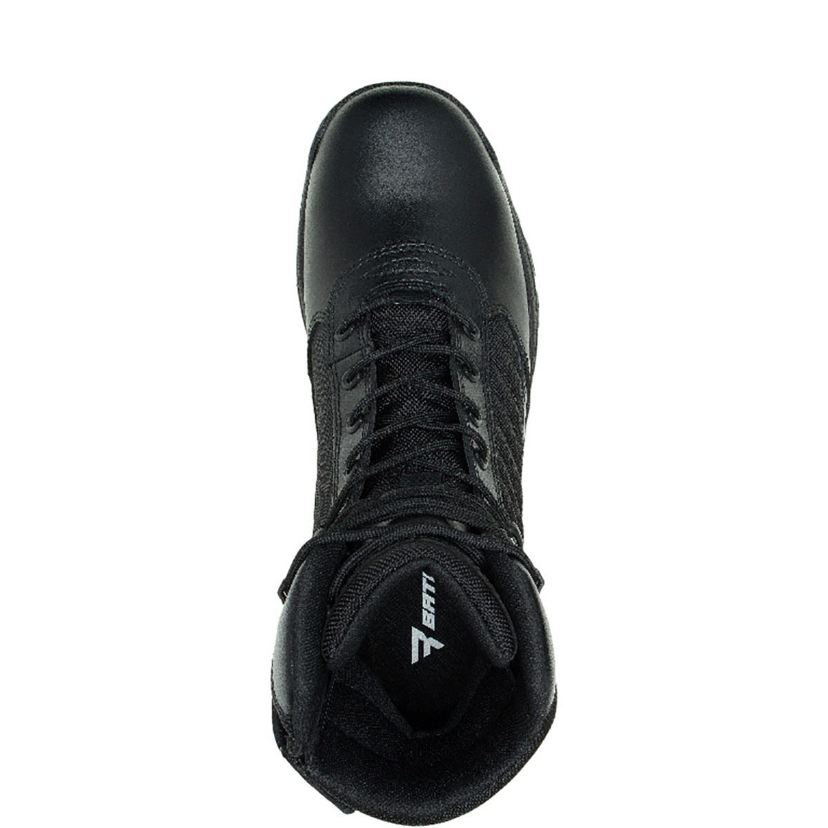 Black high-top sneaker with brand logo on a white background
