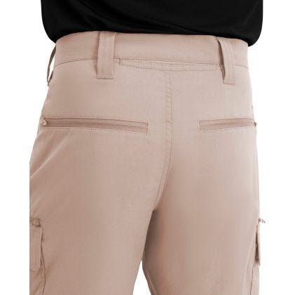Beige pants with multiple pockets and zippers on a white background