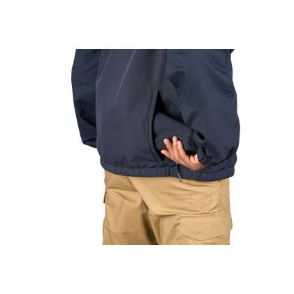 Navy jacket worn by a person on a white background