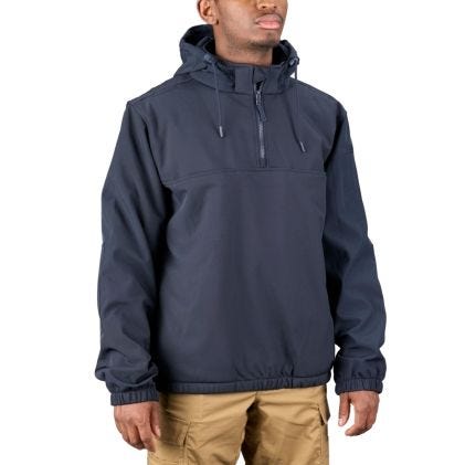 Man wearing a navy blue hooded jacket on a white background