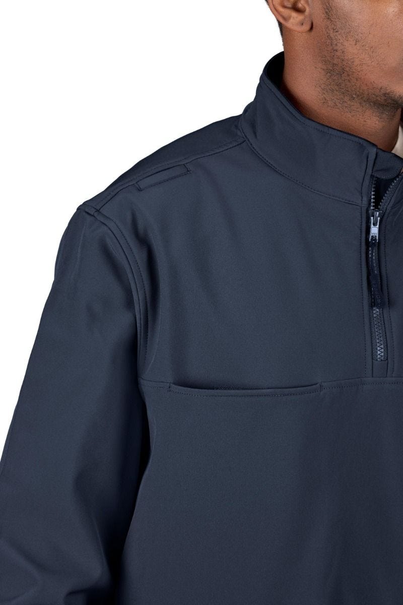 Navy blue pullover with a quarter zip on a white background