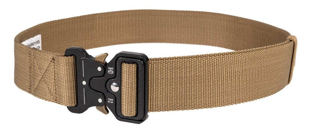 Tan tactical belt with a black buckle on a white background