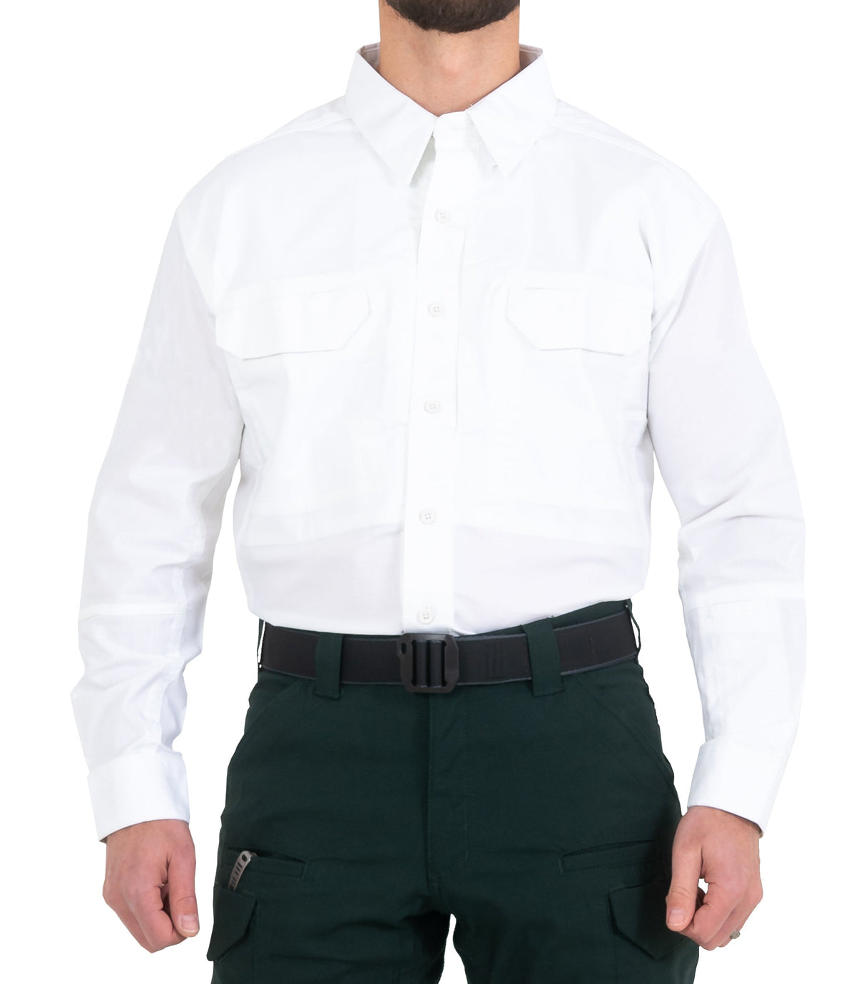 Person wearing a white shirt and dark green pants on a white background