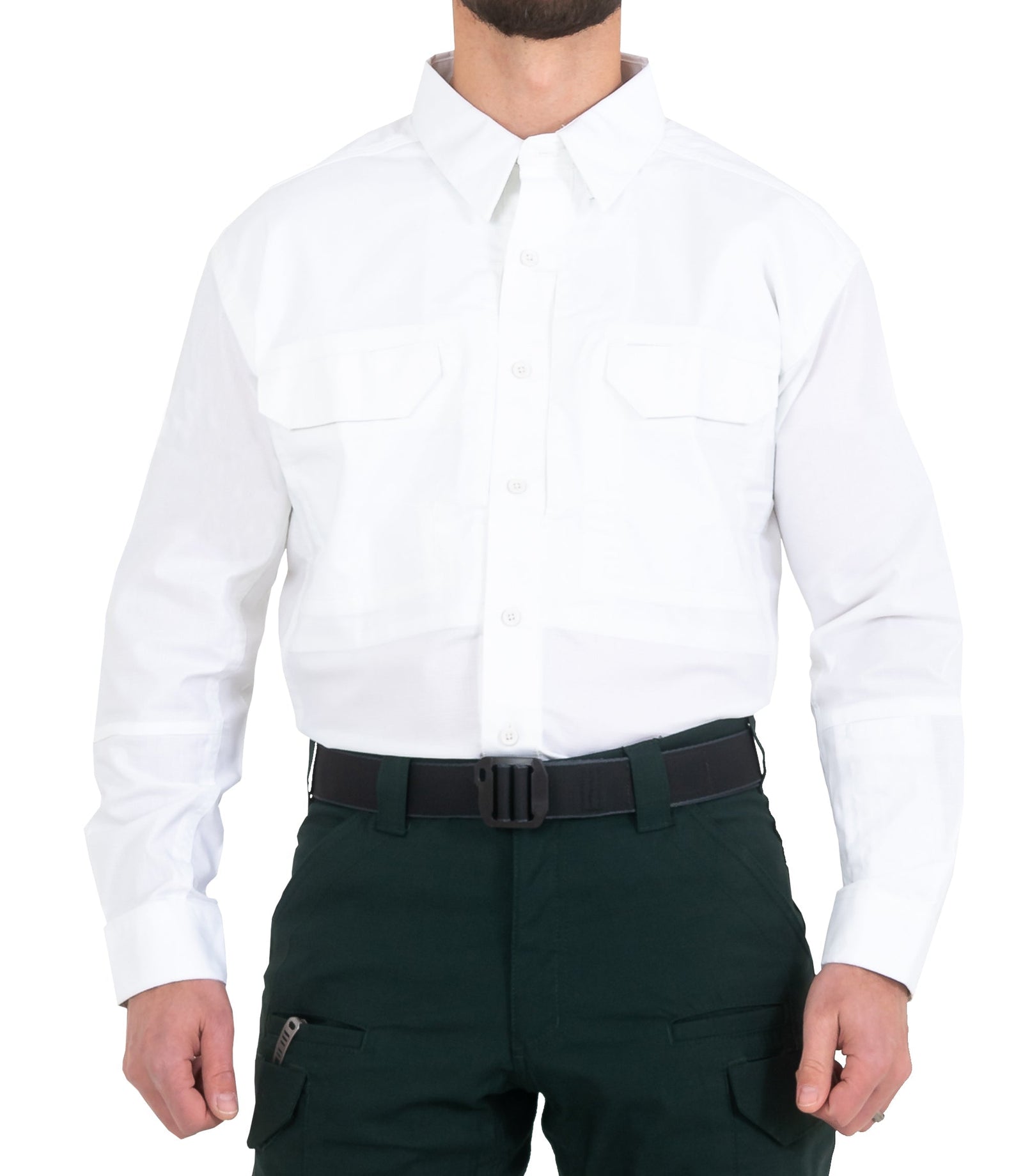 Person wearing a white shirt and dark green pants on a white background