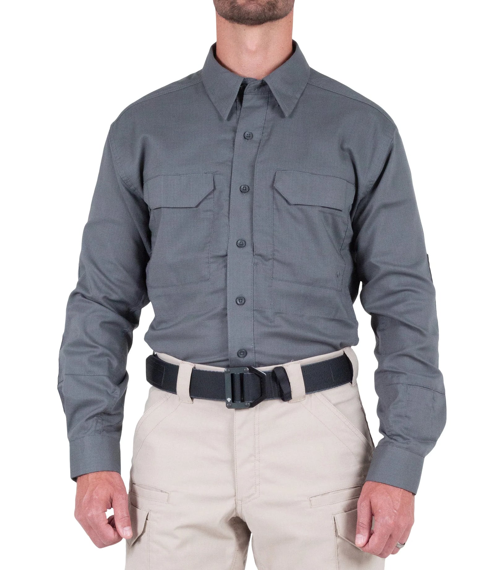 Person wearing a gray long-sleeve shirt and beige pants on a white background