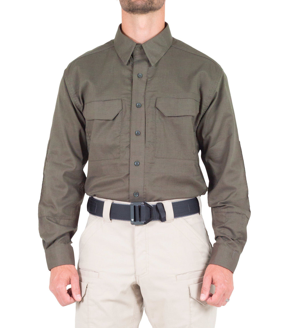 Olive green shirt worn by a person on a white background