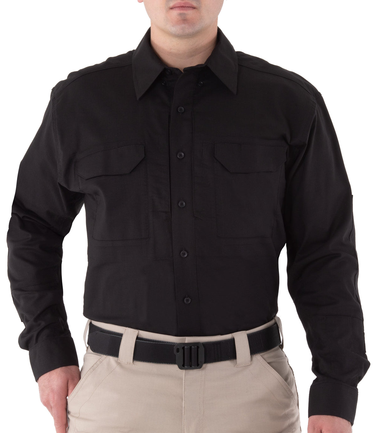 Black long-sleeve shirt worn by a person on a white background