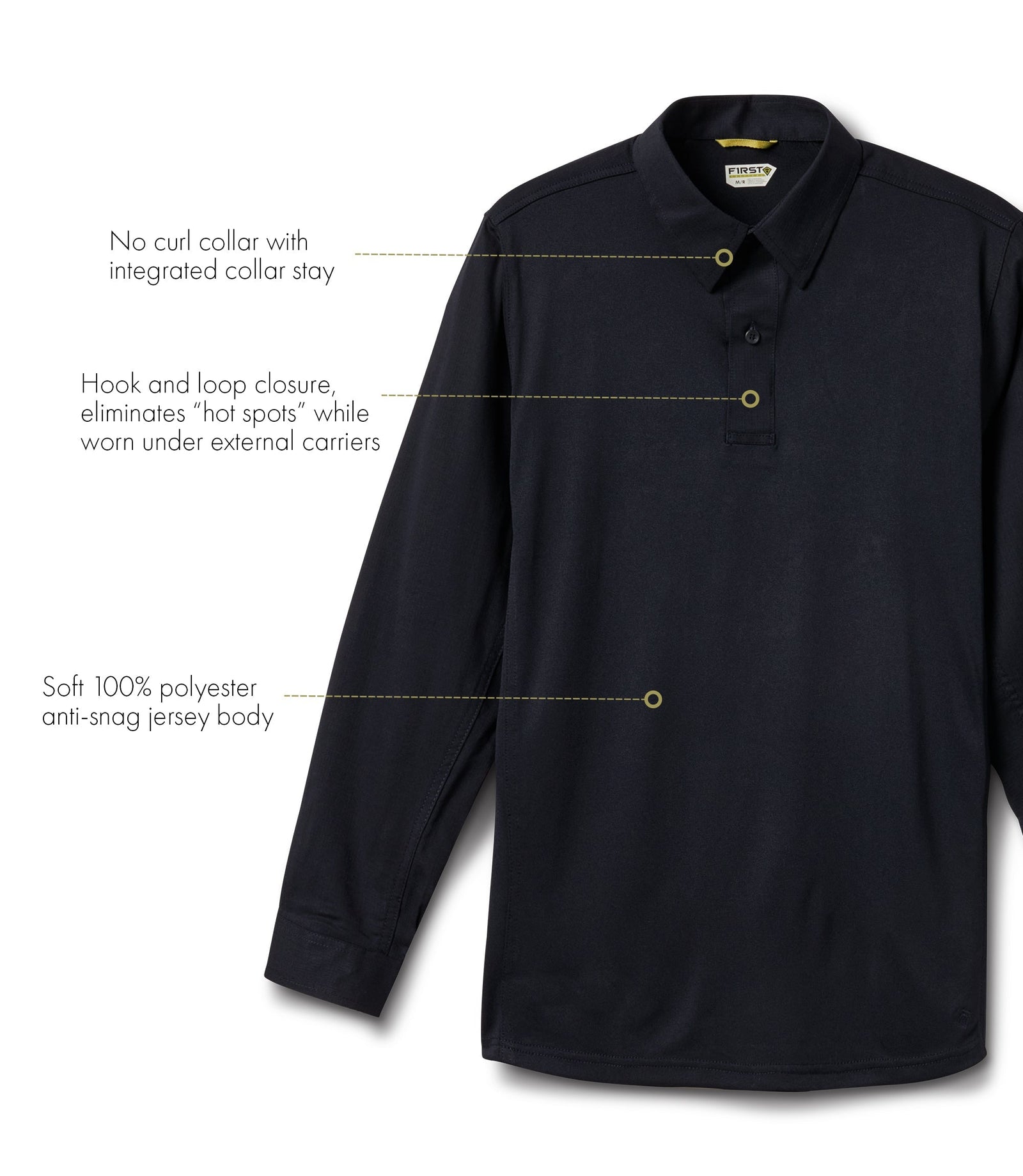 Black long-sleeve shirt with text highlighting features on a white background