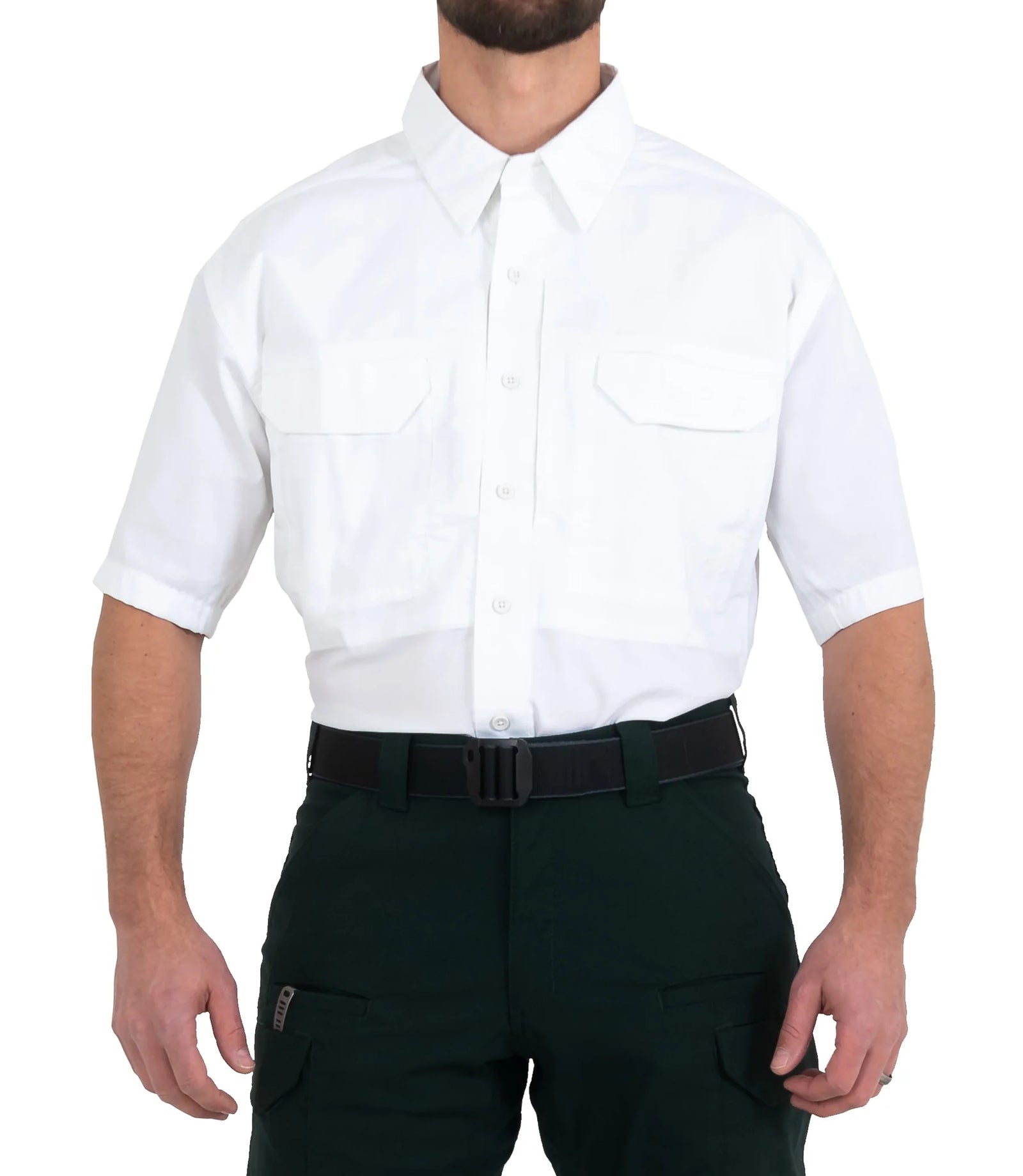 Person wearing a white dress shirt and black pants on a white background