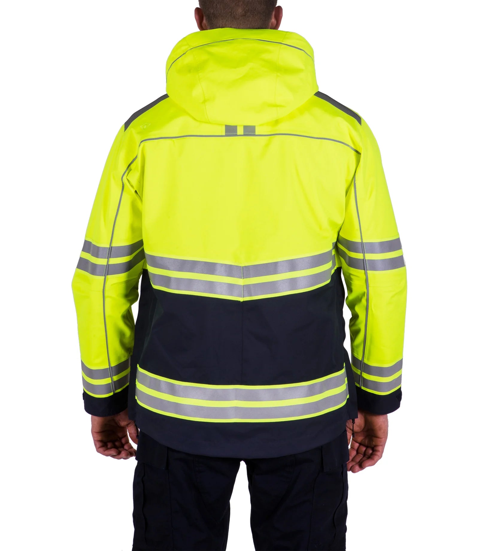 Person wearing a high-visibility yellow and black jacket with reflective stripes on a white background