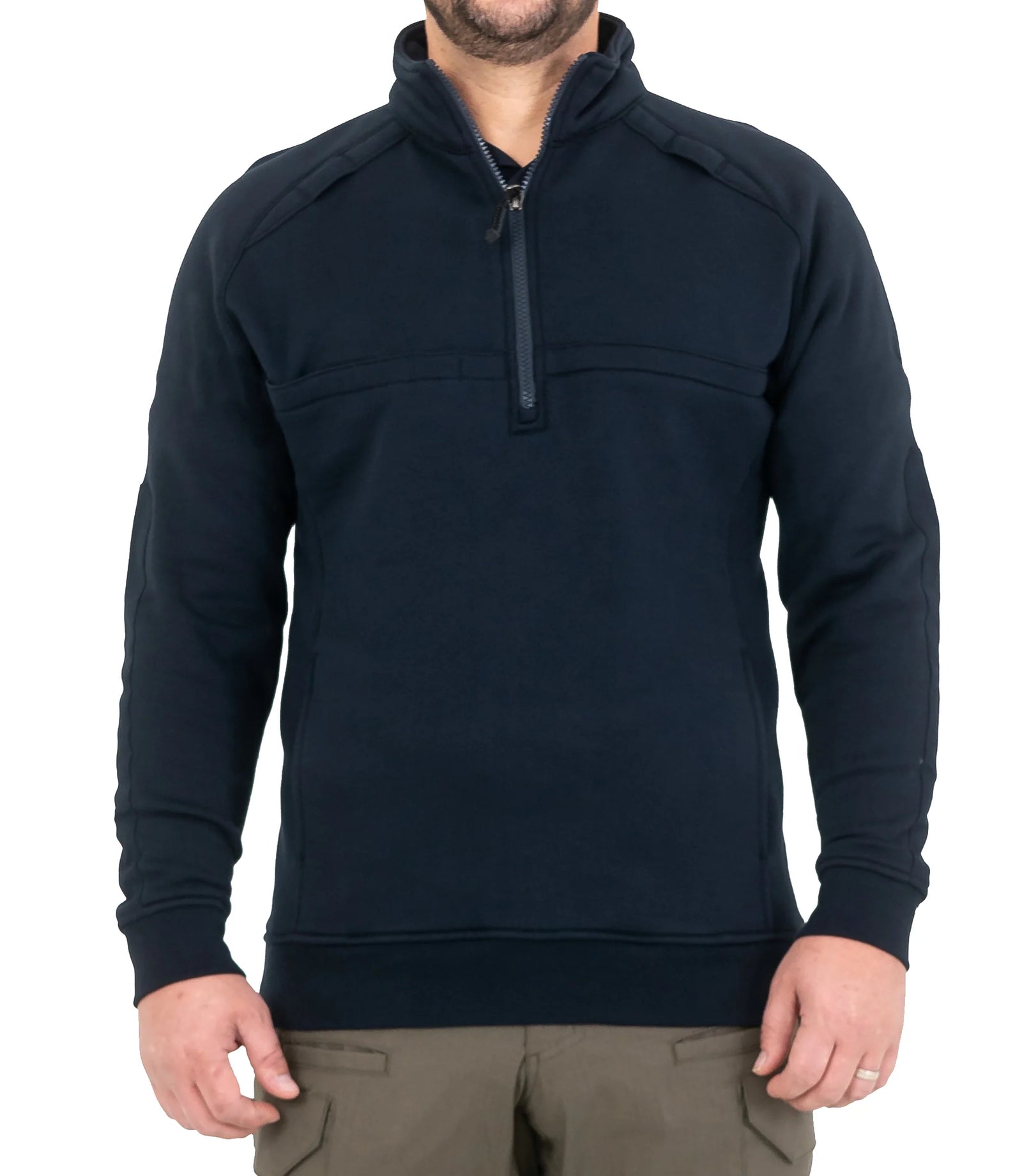 Navy blue pullover with a zipper on a white background