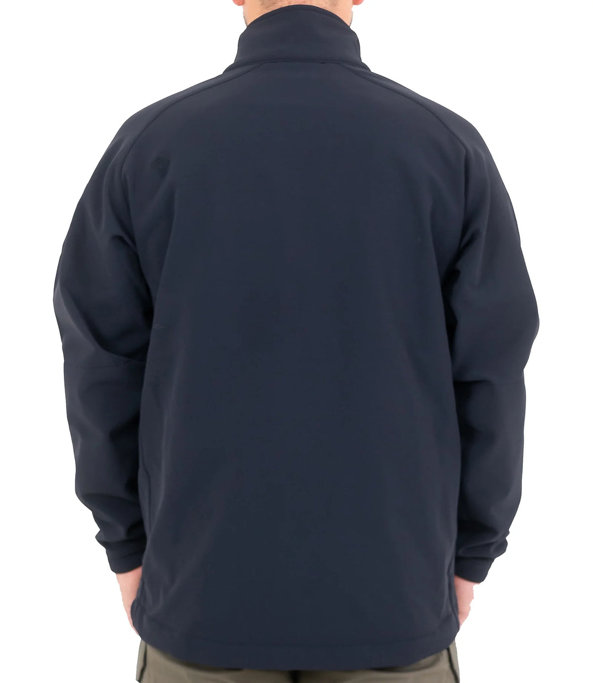 Navy blue jacket worn by a person on a white background