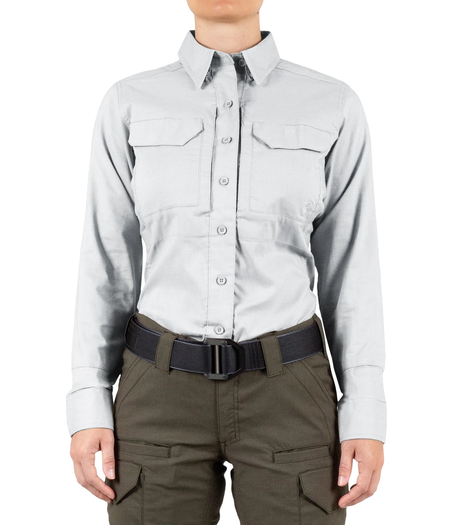 Light gray button-up shirt with dark pants on a white background
