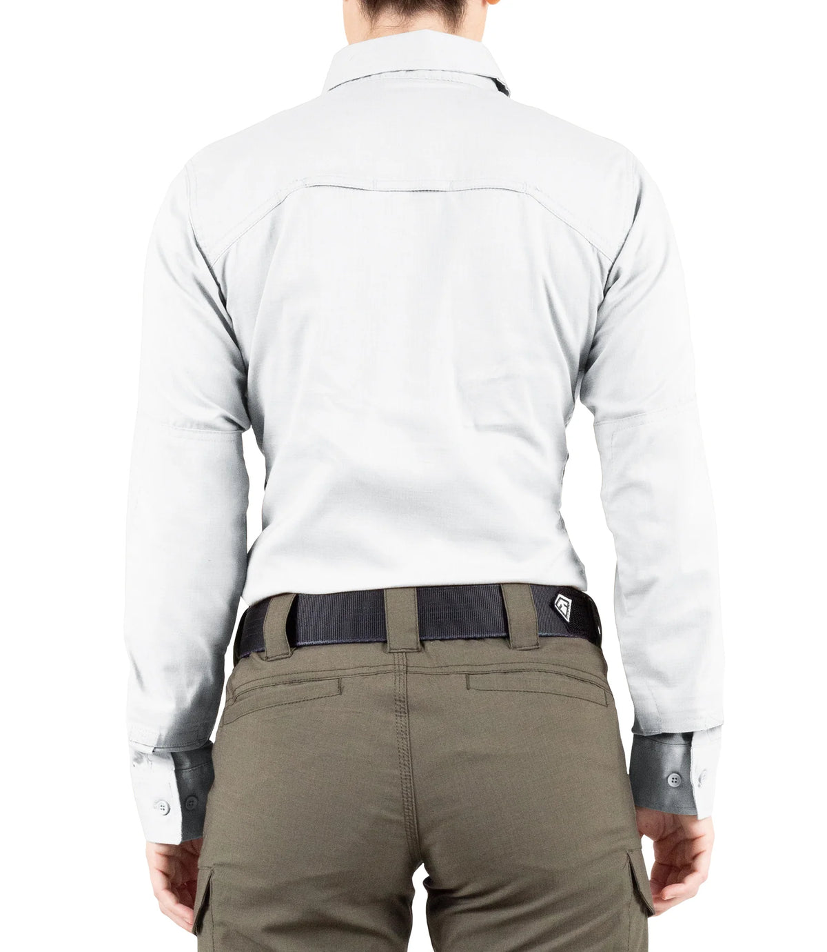 Person wearing a light gray shirt and brown pants on a white background