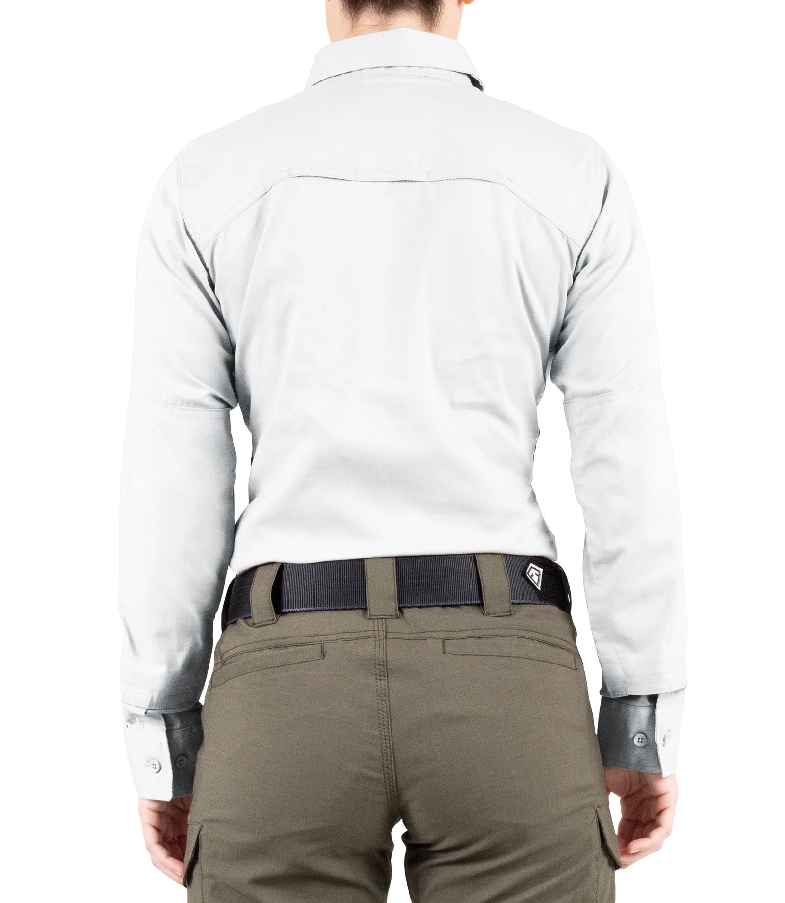 Person wearing a light gray shirt and brown pants on a white background