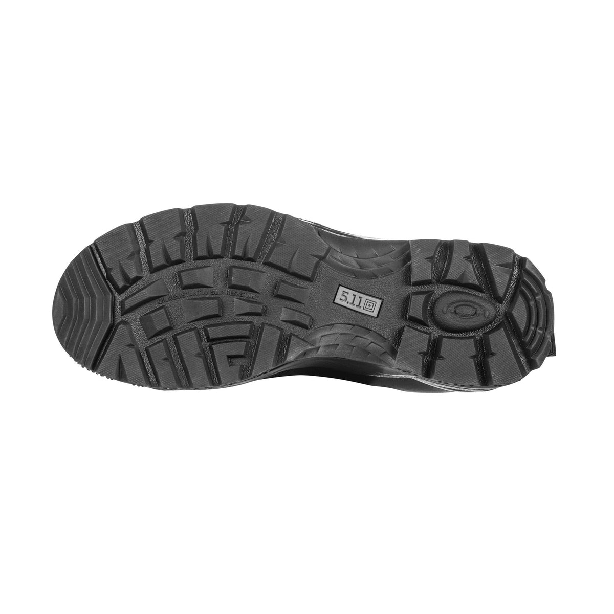 Black sole of a shoe with a brand logo on a white background
