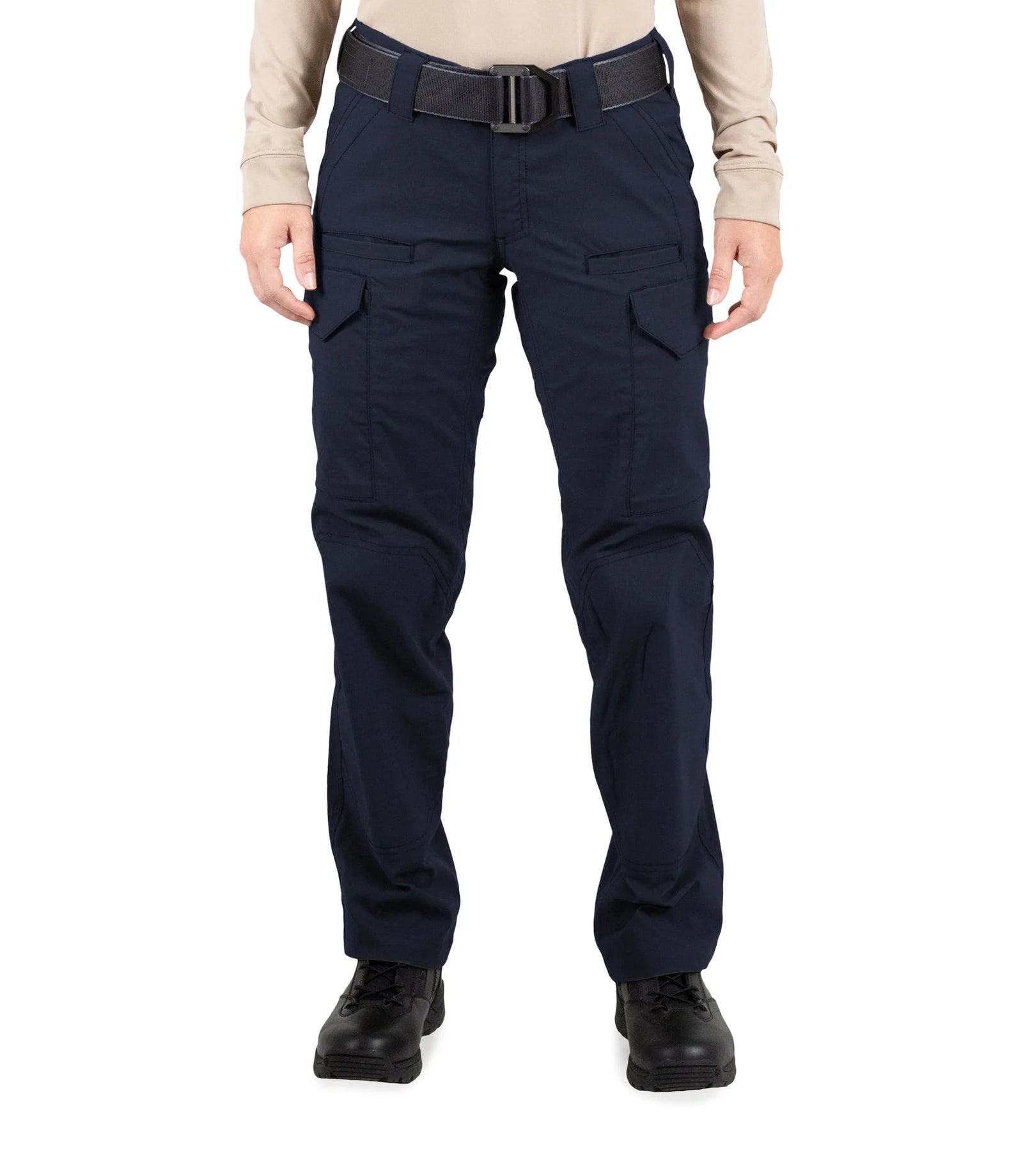 Navy tactical pants worn by a person on a white background