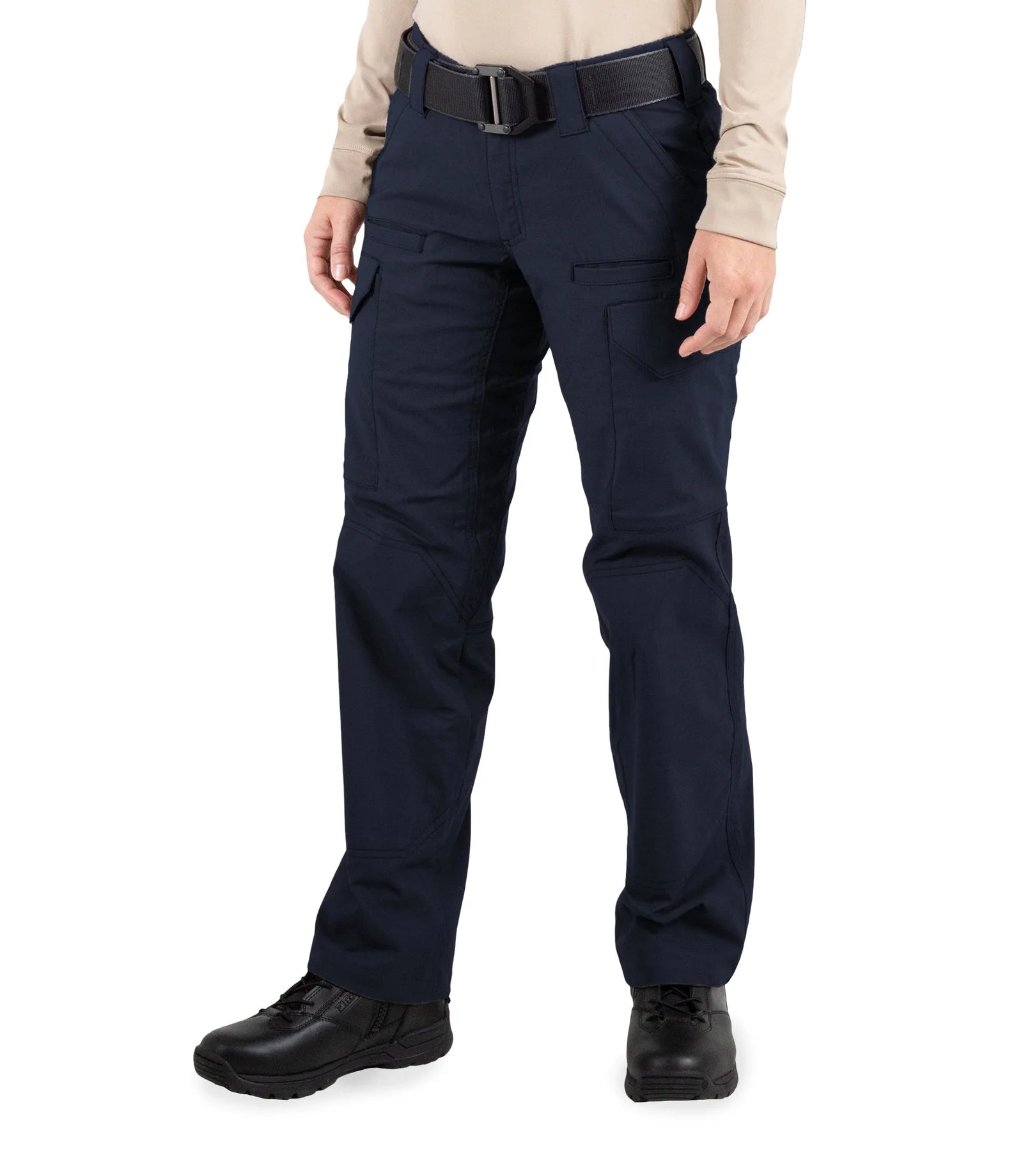 Navy blue tactical pants worn by a person on a white background
