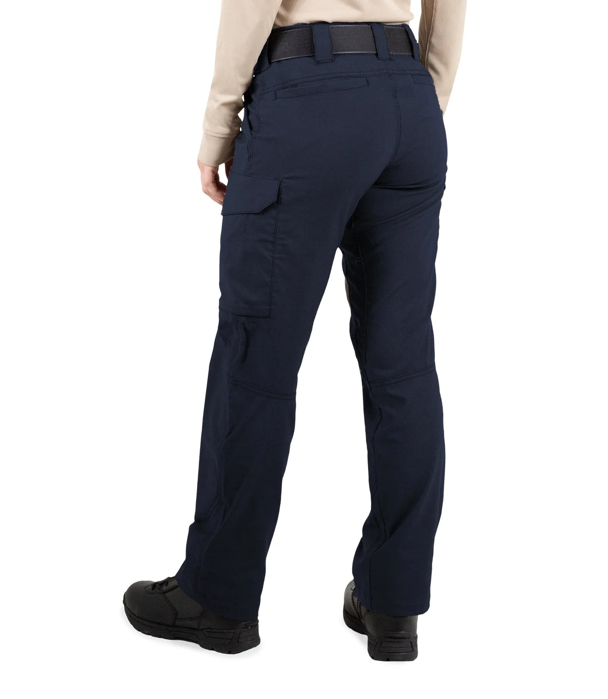 Navy blue tactical pants worn by a person on a white background