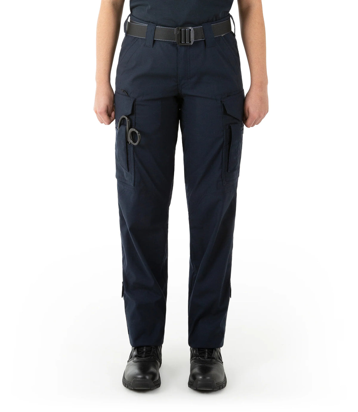 Navy blue tactical pants with multiple pockets on a white background
