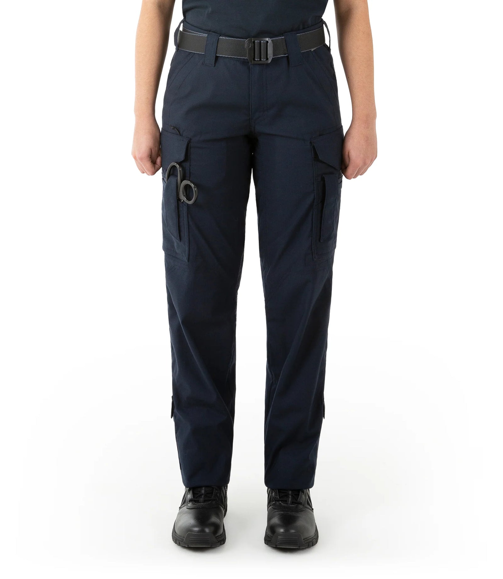 Navy blue tactical pants with multiple pockets on a white background