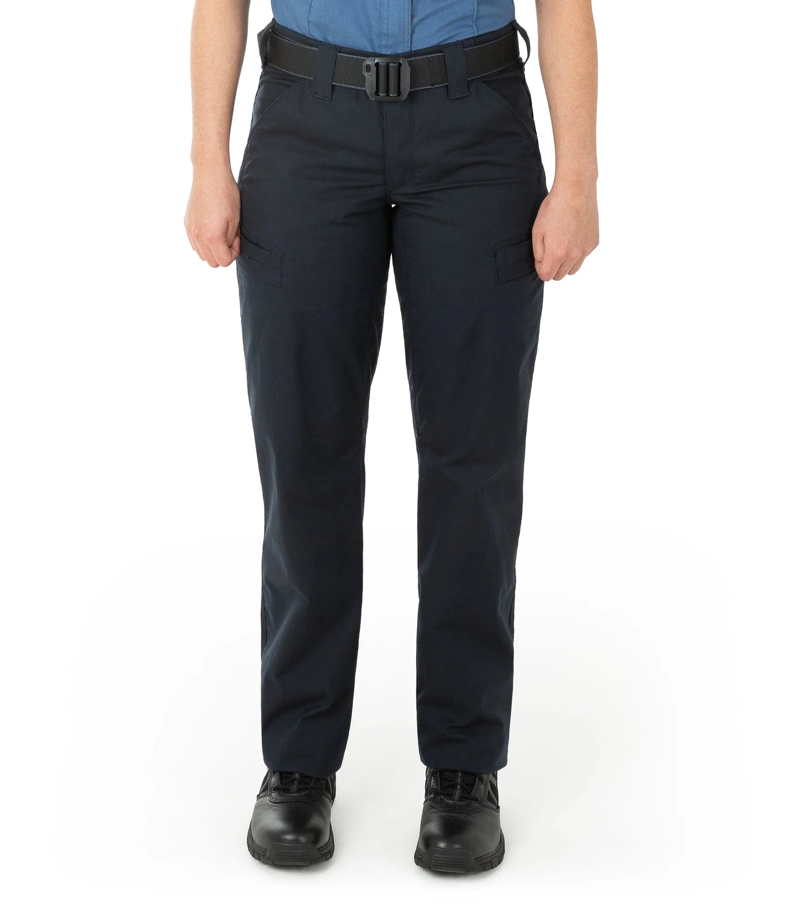 Person wearing black tactical pants on a white background