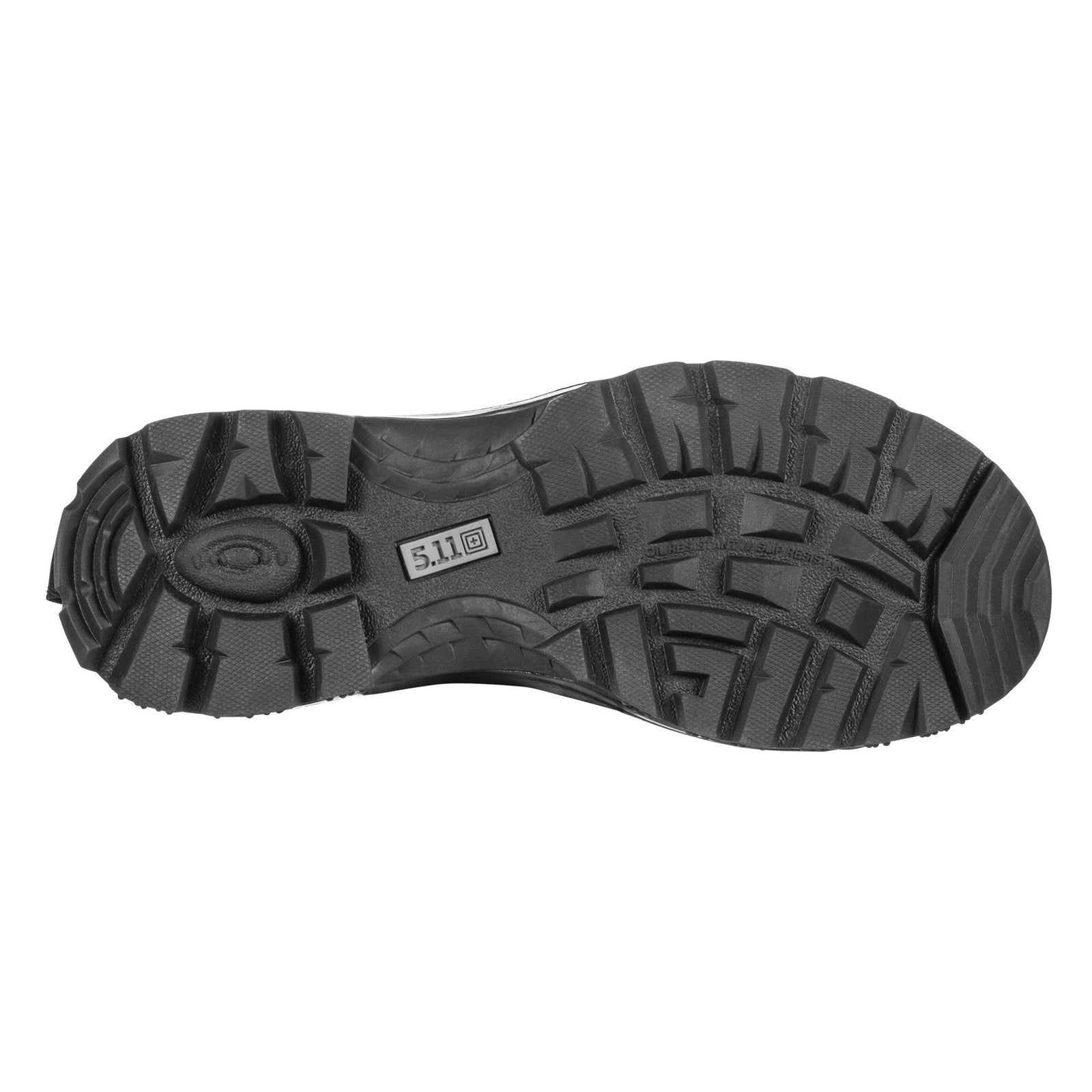 Black sole of a shoe with a visible brand logo on a white background