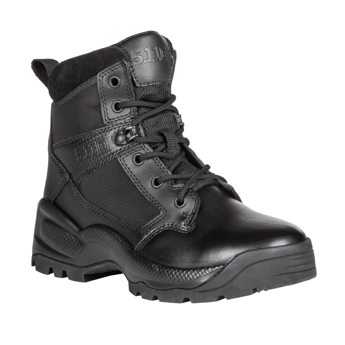 Black tactical boot with brand logo on a white background